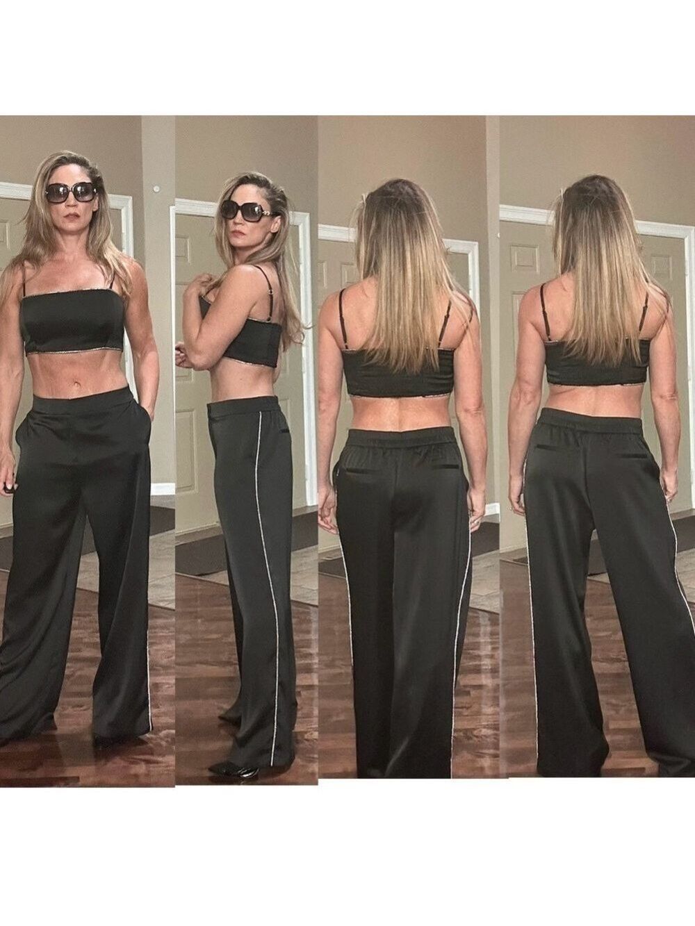 Rachel Zoe black satin effect crystal rhinestone trim crop top & trouser set 12